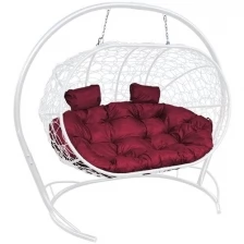 Подвесной диван M-GROUP лежебока с ротангом белый, бордовая подушка