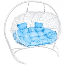 Подвесной диван M-GROUP лежебока с ротангом белый, голубая подушка